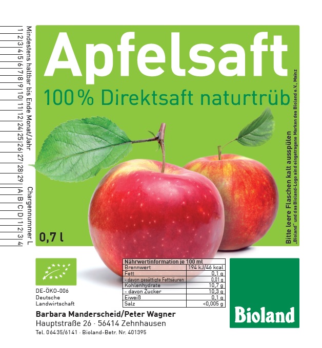 Apfelsaft-Etiketten "Bioland" mit Erzeugerdruck